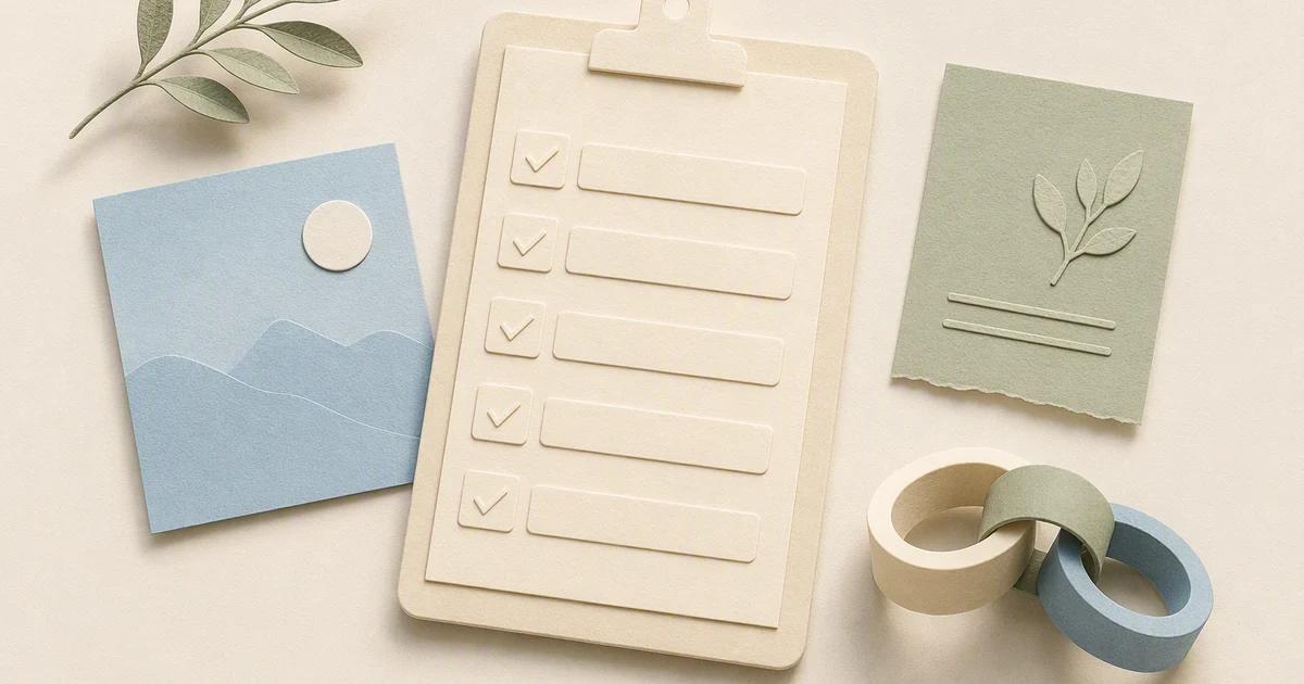 A clean paper publishing checklist sits beside an image card, a source note, and a link-shaped object.