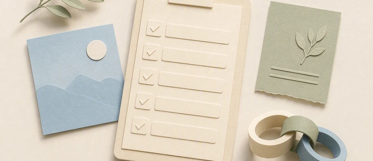 A clean paper publishing checklist sits beside an image card, a source note, and a link-shaped object.