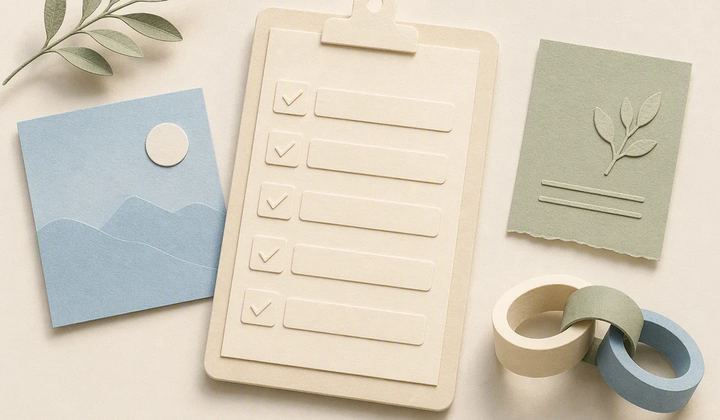 A clean paper publishing checklist sits beside an image card, a source note, and a link-shaped object.