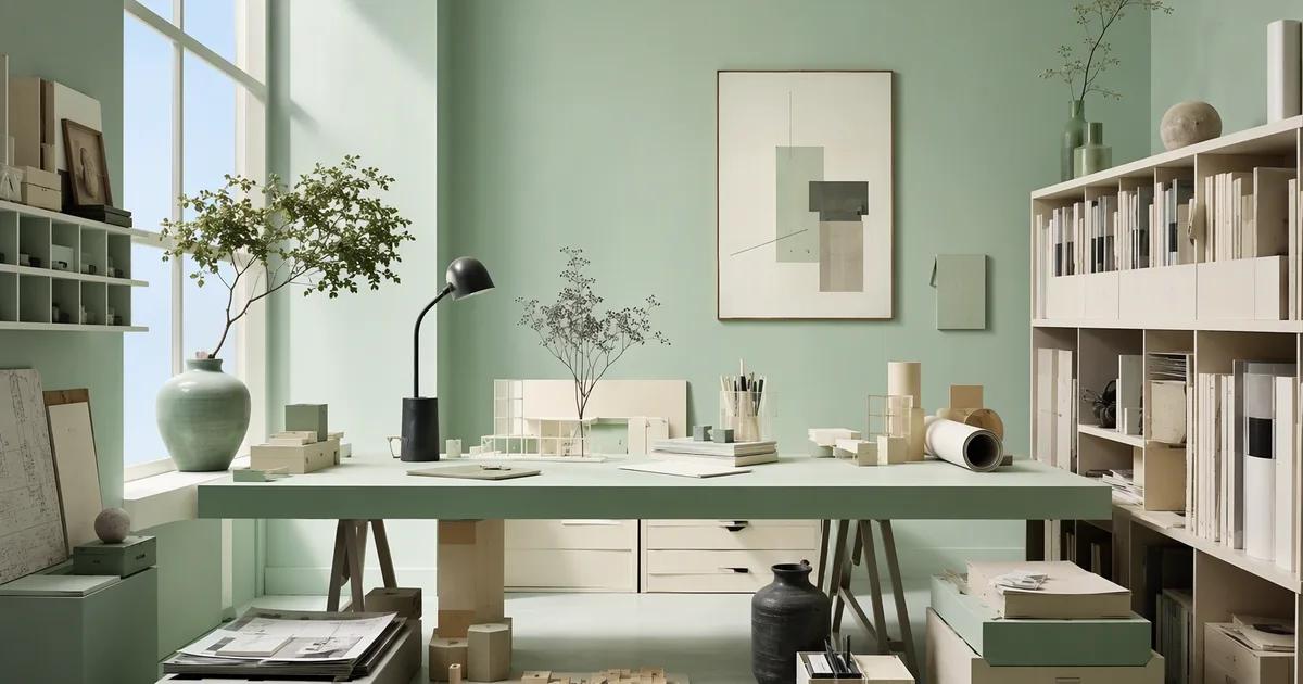 A mint studio workspace with bookshelves, a desk, and a large window.