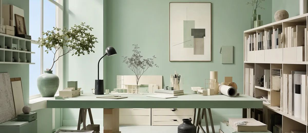 A mint studio workspace with bookshelves, a desk, and a large window.