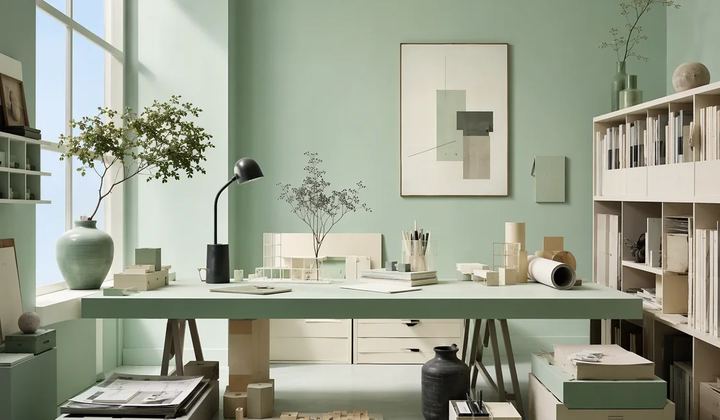 A mint studio workspace with bookshelves, a desk, and a large window.