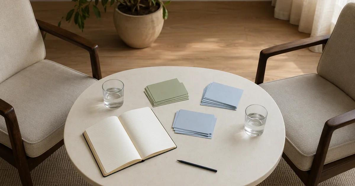 Two chairs facing a small table with an open notebook and neatly separated blank note cards.