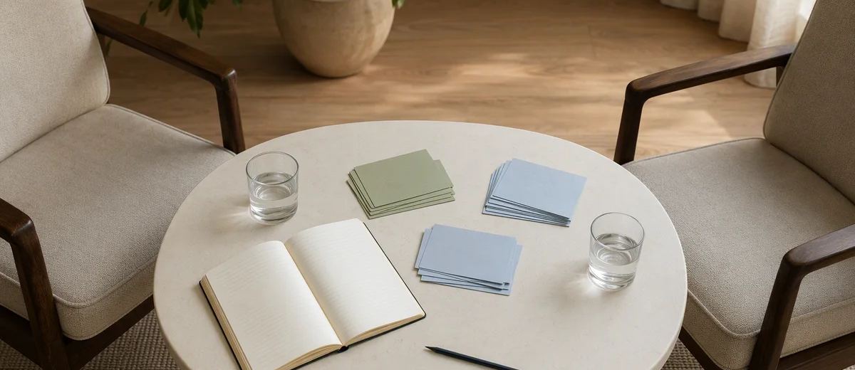 Two chairs facing a small table with an open notebook and neatly separated blank note cards.