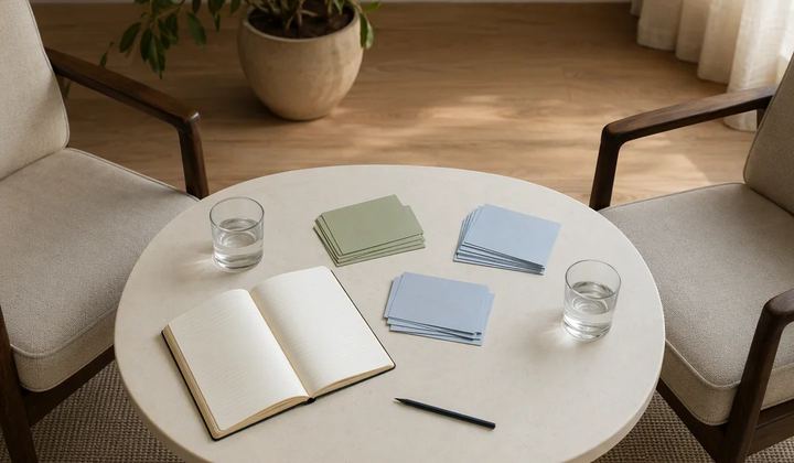 Two chairs facing a small table with an open notebook and neatly separated blank note cards.