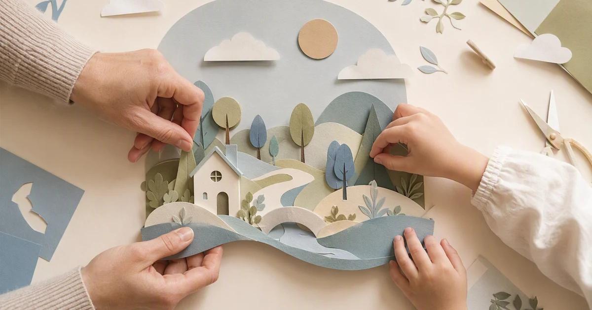 Adult and child-sized hands assemble a paper landscape without showing their faces.