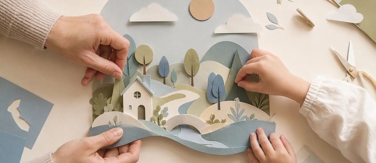Adult and child-sized hands assemble a paper landscape without showing their faces.