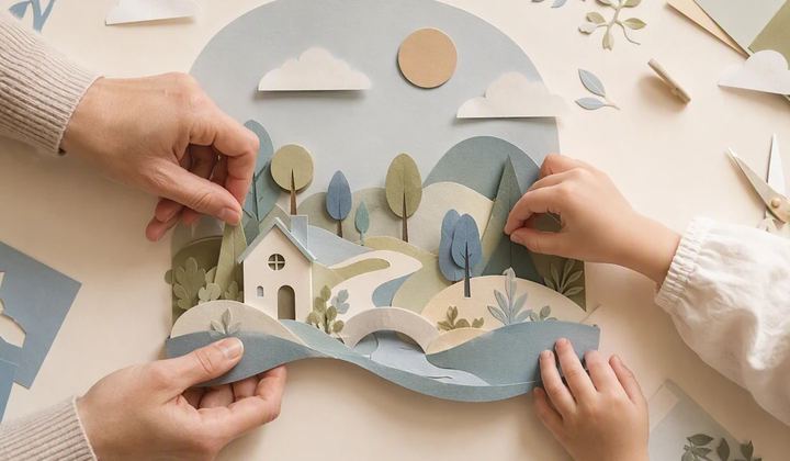 Adult and child-sized hands assemble a paper landscape without showing their faces.