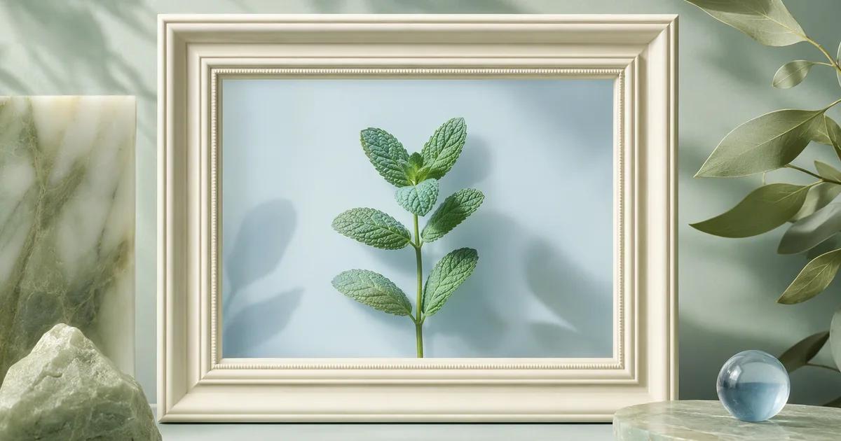 A mint sprig displayed in an ivory picture frame beside a small blue glass sphere.