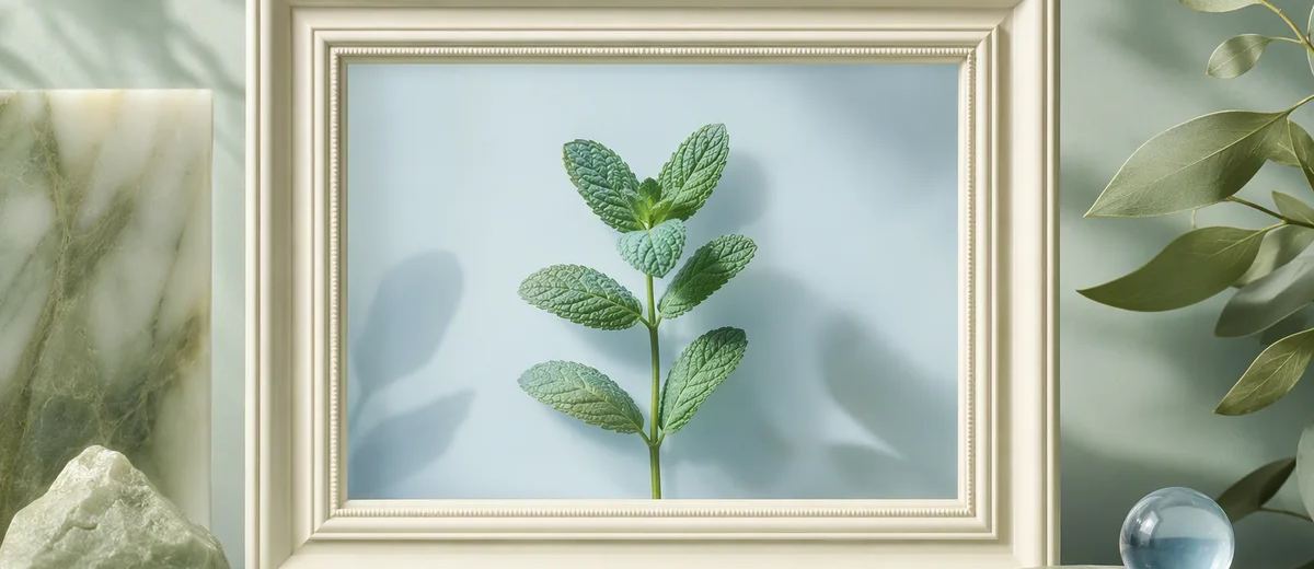 A mint sprig displayed in an ivory picture frame beside a small blue glass sphere.