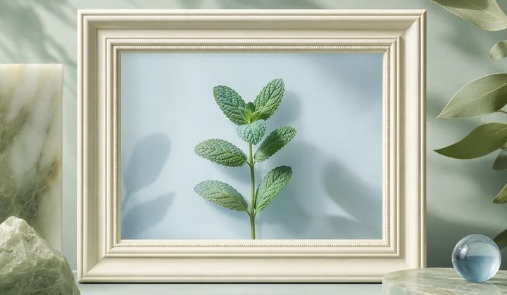 A mint sprig displayed in an ivory picture frame beside a small blue glass sphere.