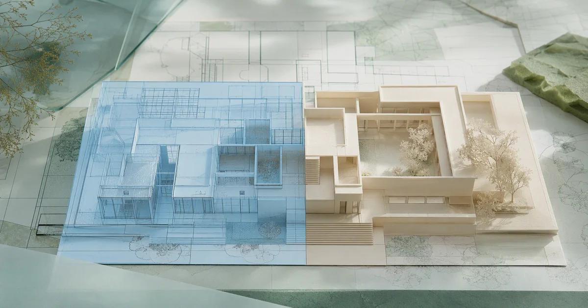A pale blue transparent overlay aligned with a mint architectural plan and an ivory finished model, showing careful correspondence without written labels