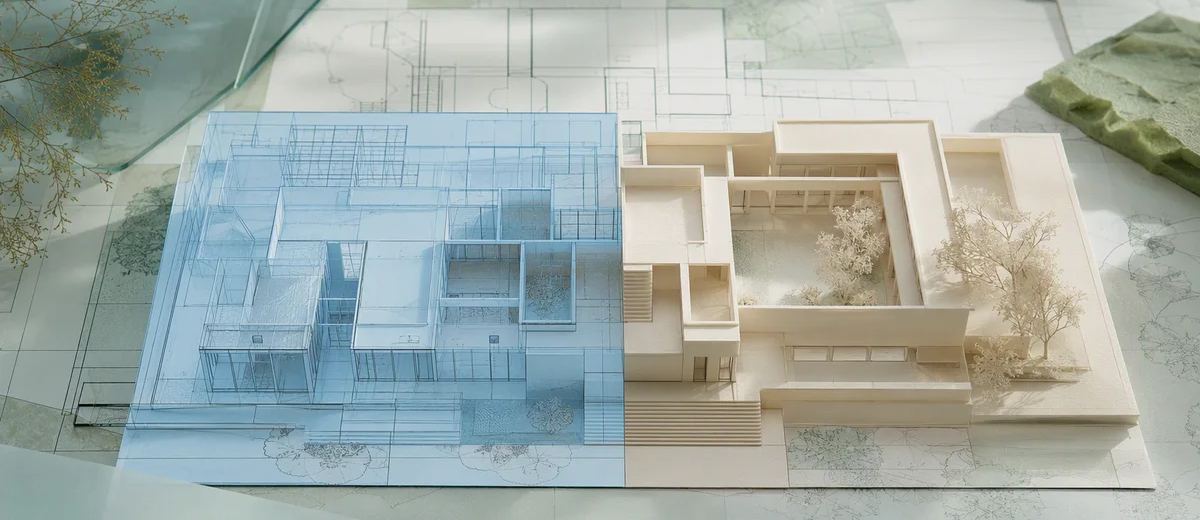 A pale blue transparent overlay aligned with a mint architectural plan and an ivory finished model, showing careful correspondence without written labels