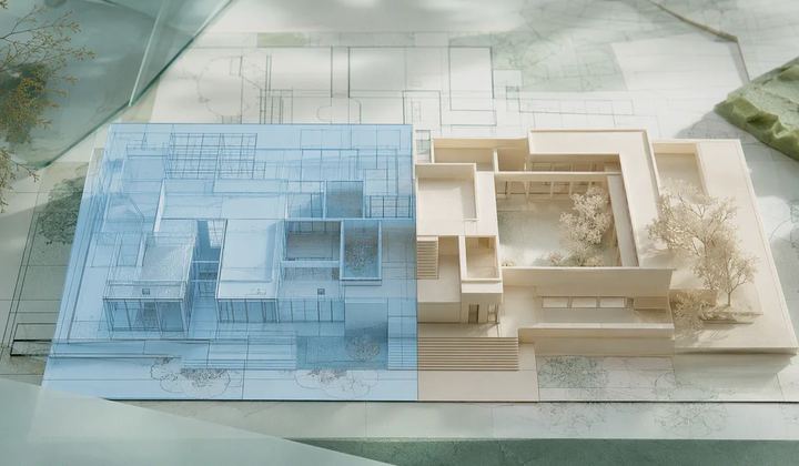 A pale blue transparent overlay aligned with a mint architectural plan and an ivory finished model, showing careful correspondence without written labels