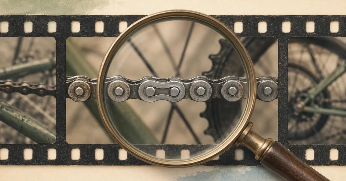 A magnifying glass over a bicycle chain pictured across a strip of film.