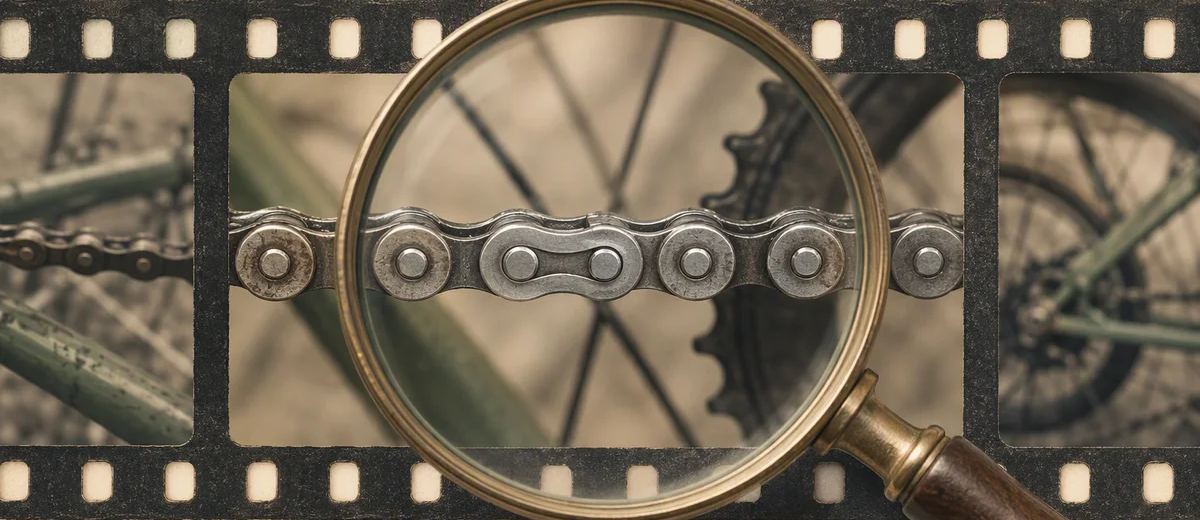 A magnifying glass over a bicycle chain pictured across a strip of film.