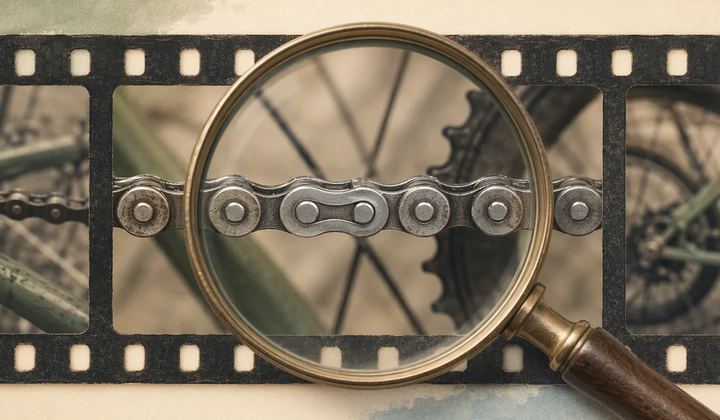 A magnifying glass over a bicycle chain pictured across a strip of film.