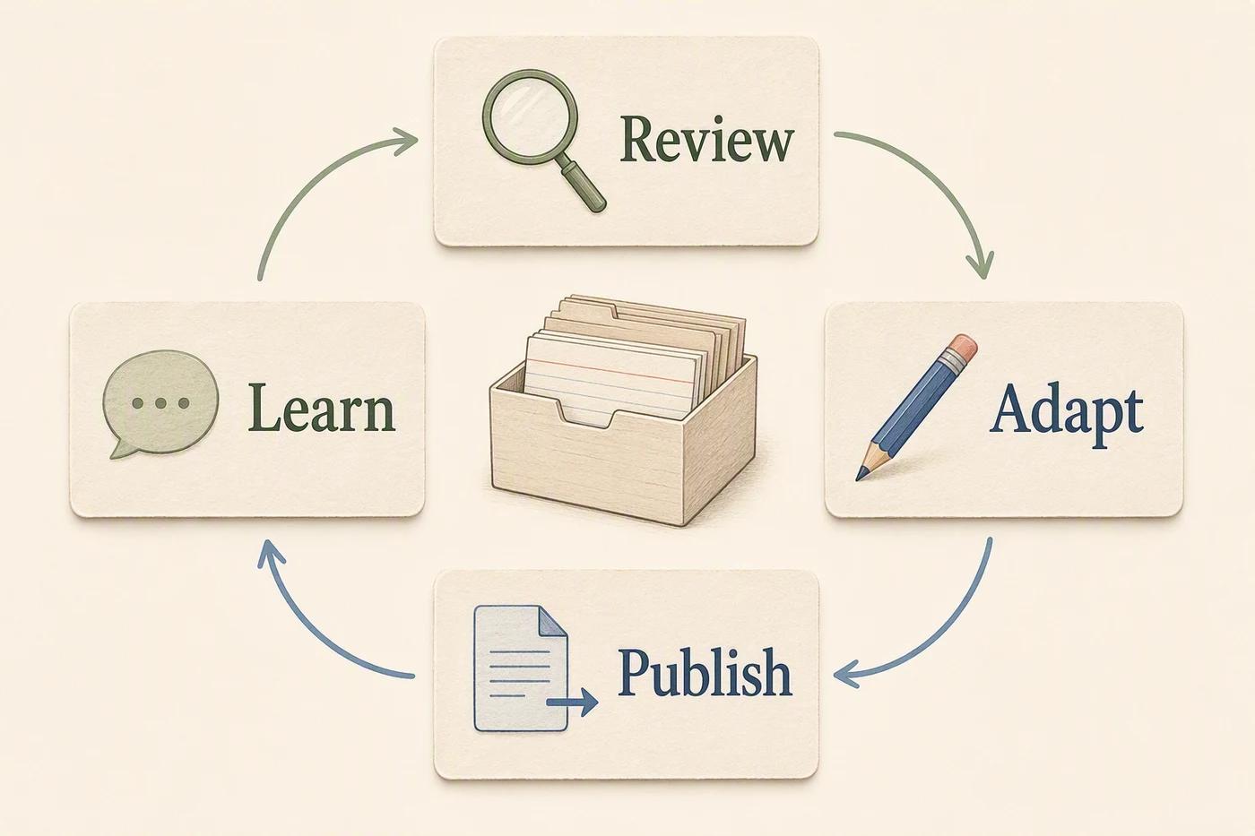 A four-step cycle showing Review, Adapt, Publish, and Learn around a reusable content library.