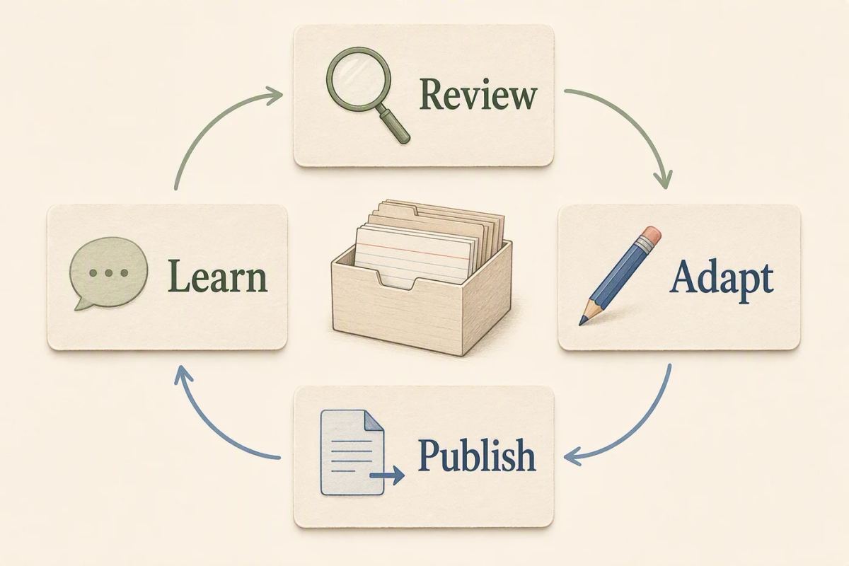 A four-step cycle showing Review, Adapt, Publish, and Learn around a reusable content library.