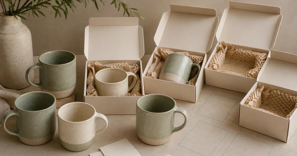 Green and cream mugs sit beside open cardboard boxes lined with protective paper.