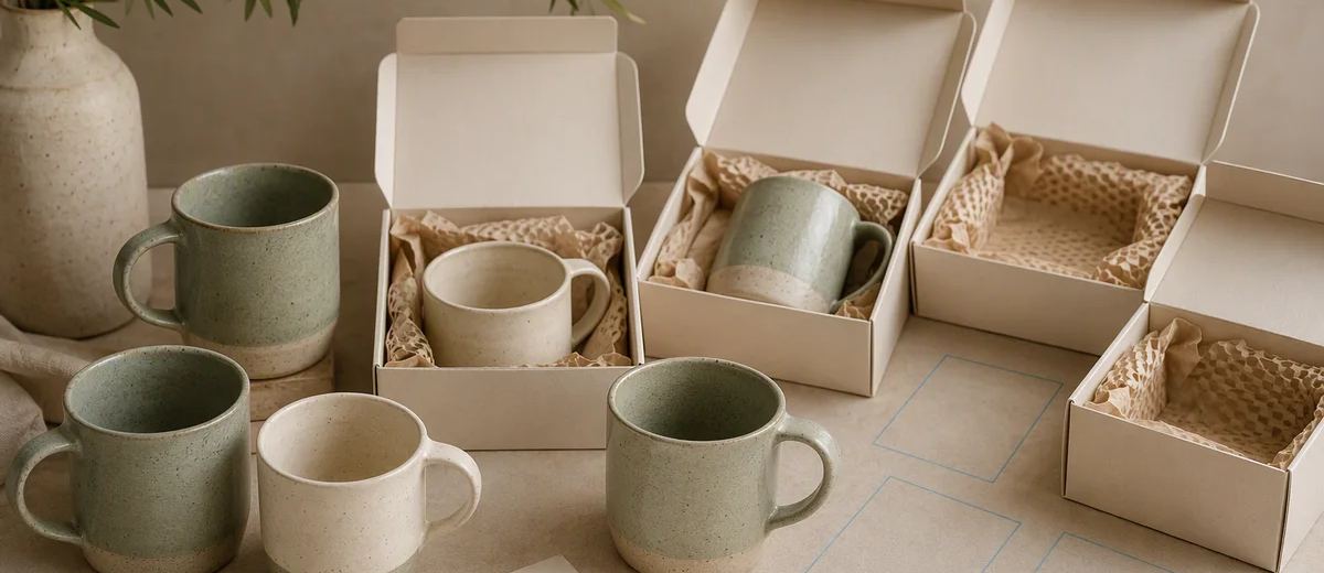 Green and cream mugs sit beside open cardboard boxes lined with protective paper.