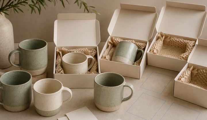 Green and cream mugs sit beside open cardboard boxes lined with protective paper.