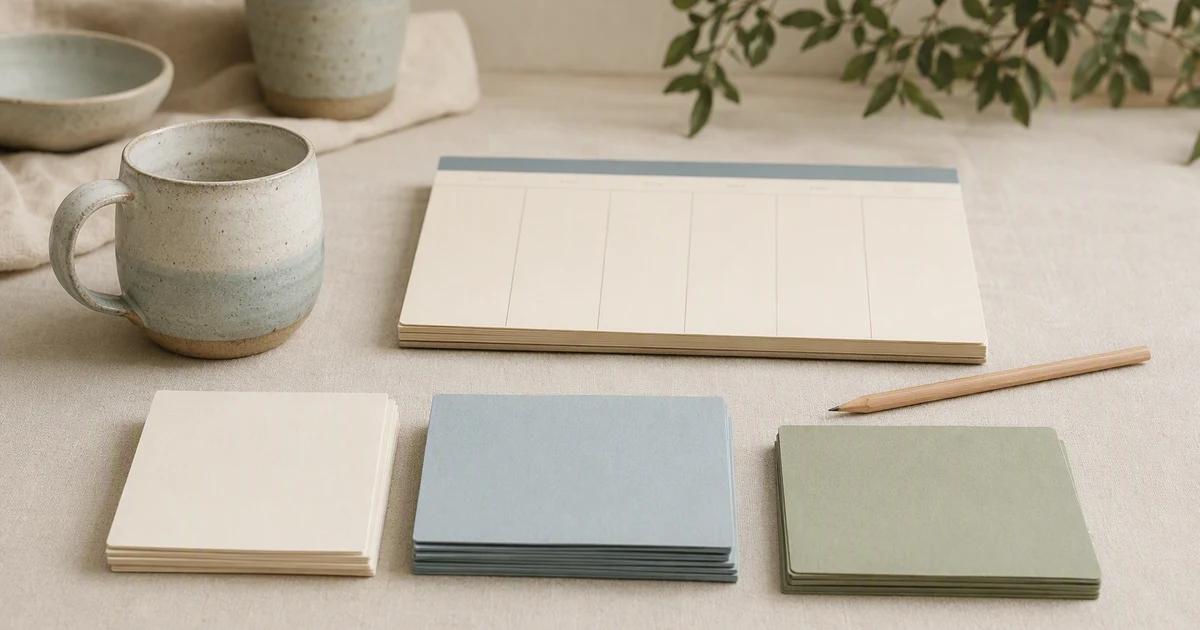 Ceramic mug beside neatly grouped paper cards and a small weekly planner without writing