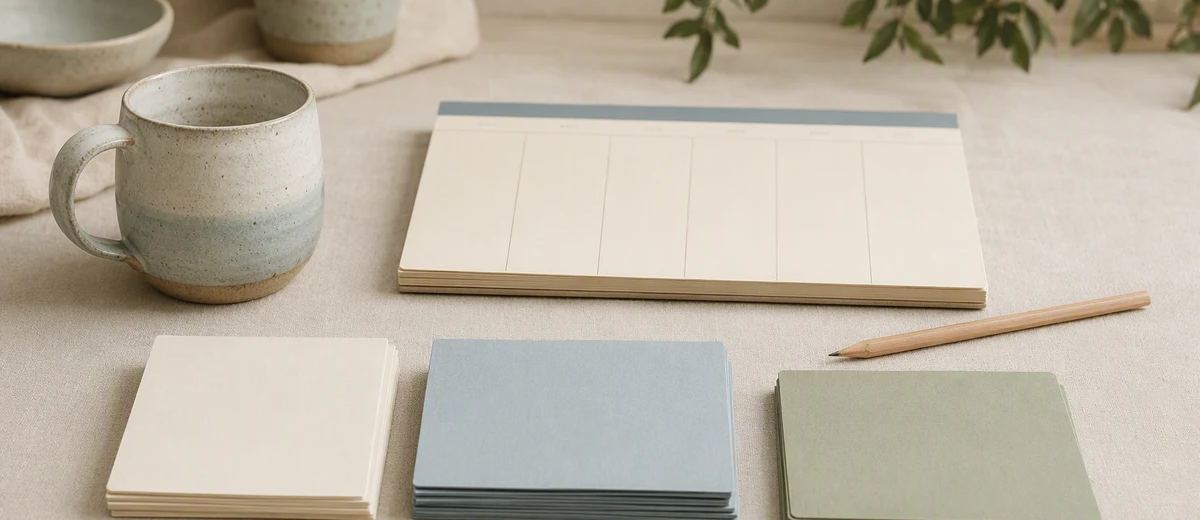 Ceramic mug beside neatly grouped paper cards and a small weekly planner without writing