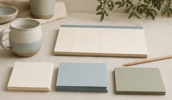 Ceramic mug beside neatly grouped paper cards and a small weekly planner without writing