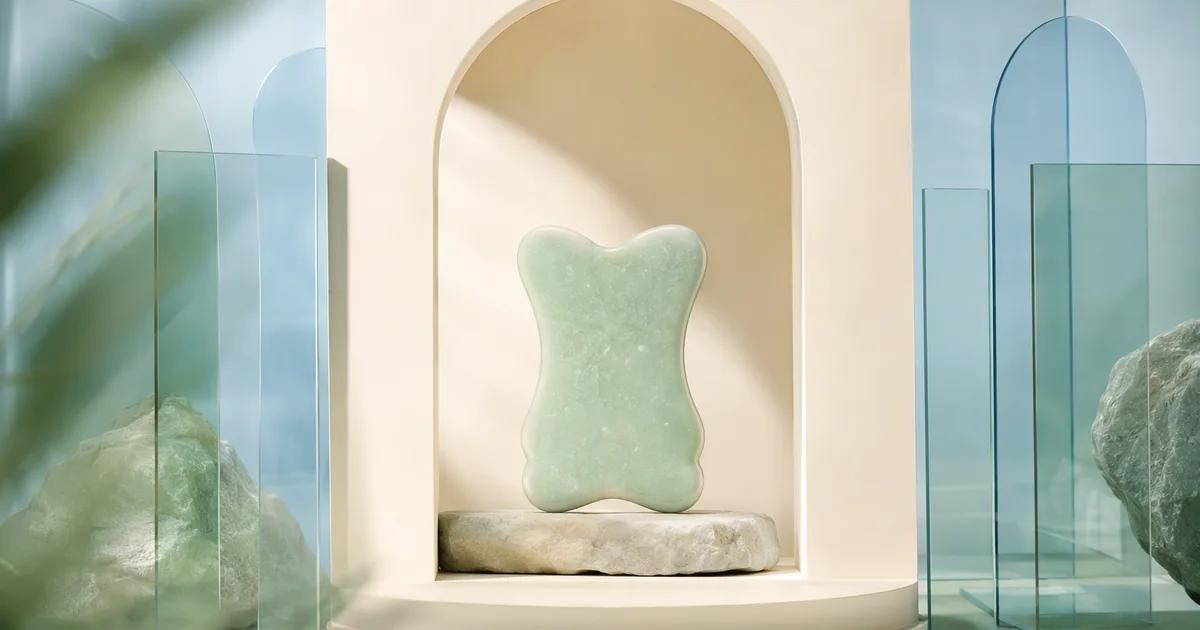 A rounded mint sculpture rests on a stone pedestal inside an ivory arch, surrounded by translucent blue panels.