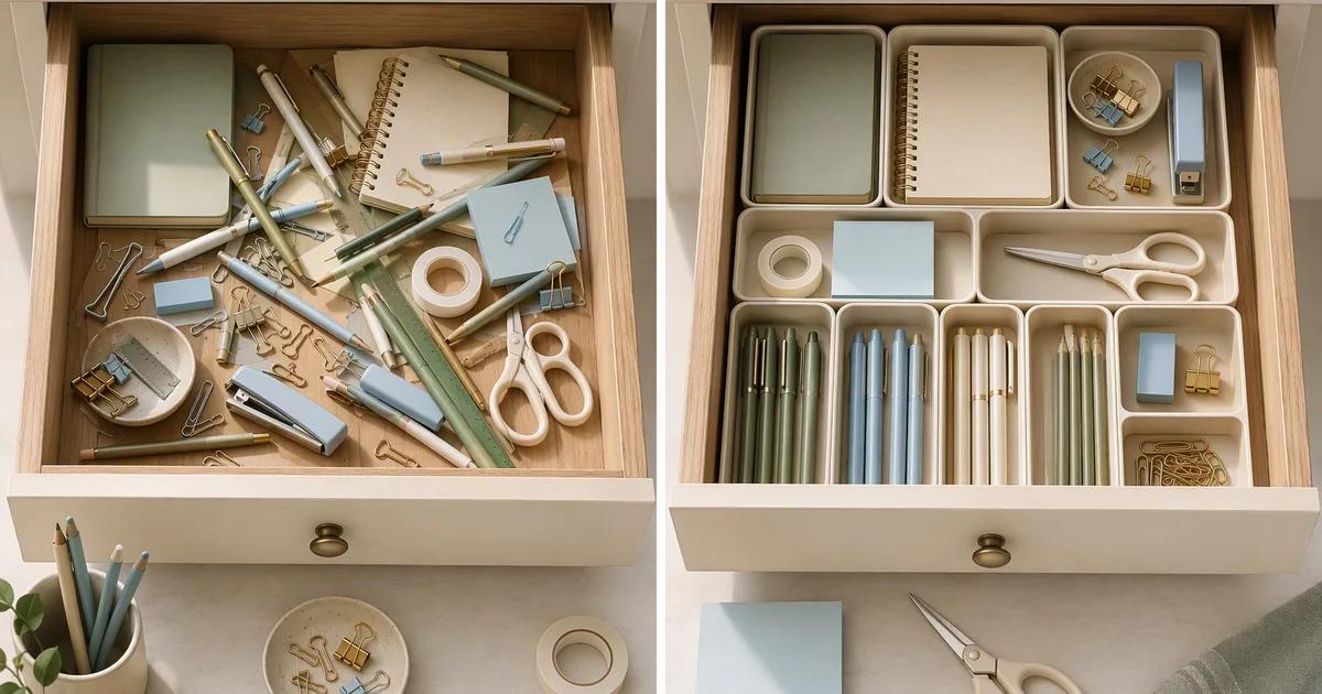 Two open drawers show scattered stationery beside an organized arrangement.