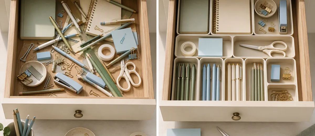 Two open drawers show scattered stationery beside an organized arrangement.