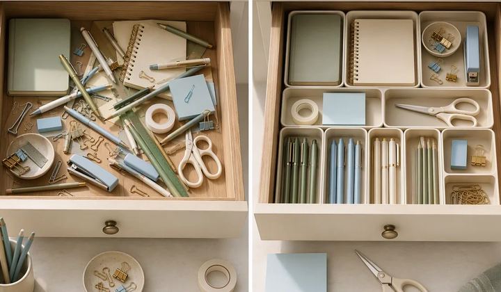 Two open drawers show scattered stationery beside an organized arrangement.