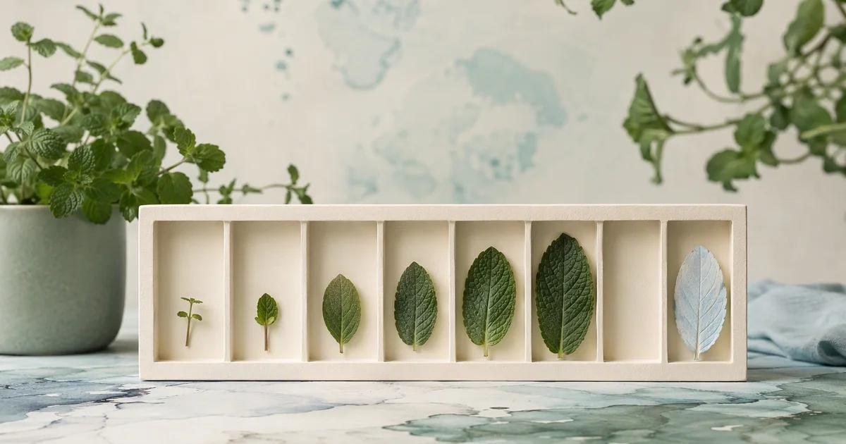 An ivory display box holds green sprigs and leaves of different sizes, an empty compartment, and one pale blue leaf.