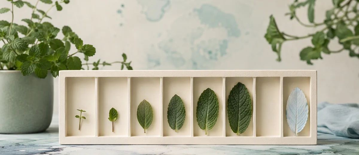 An ivory display box holds green sprigs and leaves of different sizes, an empty compartment, and one pale blue leaf.