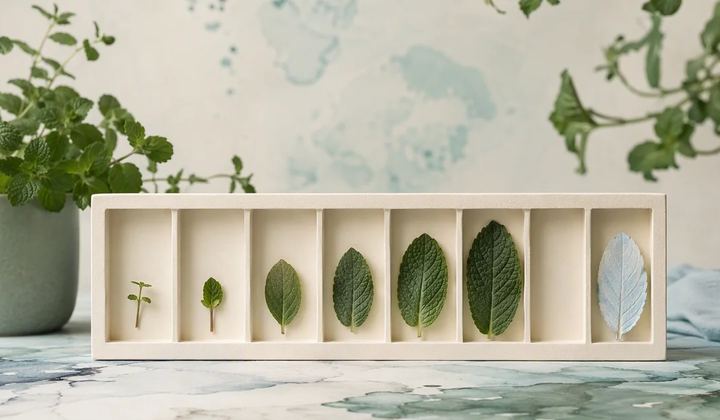 An ivory display box holds green sprigs and leaves of different sizes, an empty compartment, and one pale blue leaf.