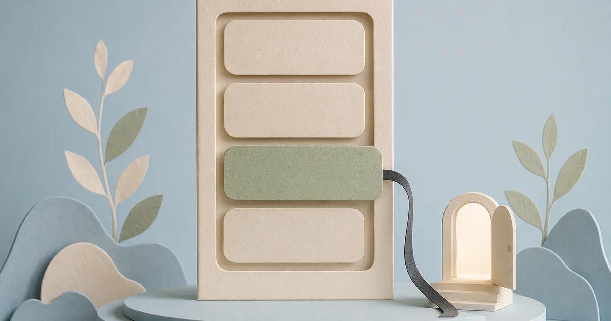A vertical panel of cream cards has one sage card projecting toward a curved path and a small open doorway.