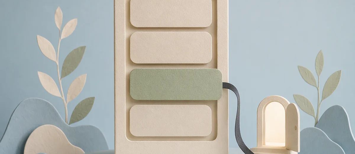 A vertical panel of cream cards has one sage card projecting toward a curved path and a small open doorway.