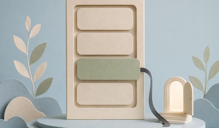 A vertical panel of cream cards has one sage card projecting toward a curved path and a small open doorway.