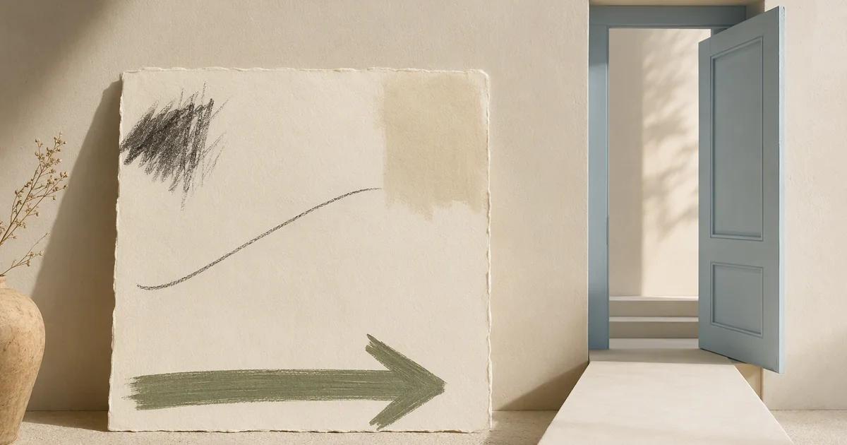 A large textured paper card with abstract marks and a sage arrow stands beside an open blue doorway.
