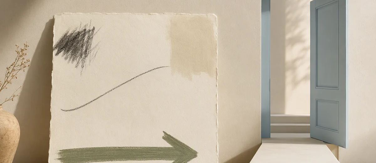 A large textured paper card with abstract marks and a sage arrow stands beside an open blue doorway.