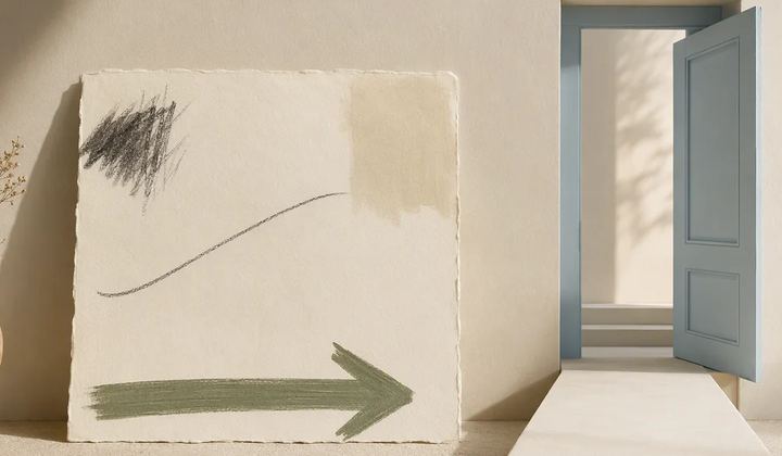 A large textured paper card with abstract marks and a sage arrow stands beside an open blue doorway.