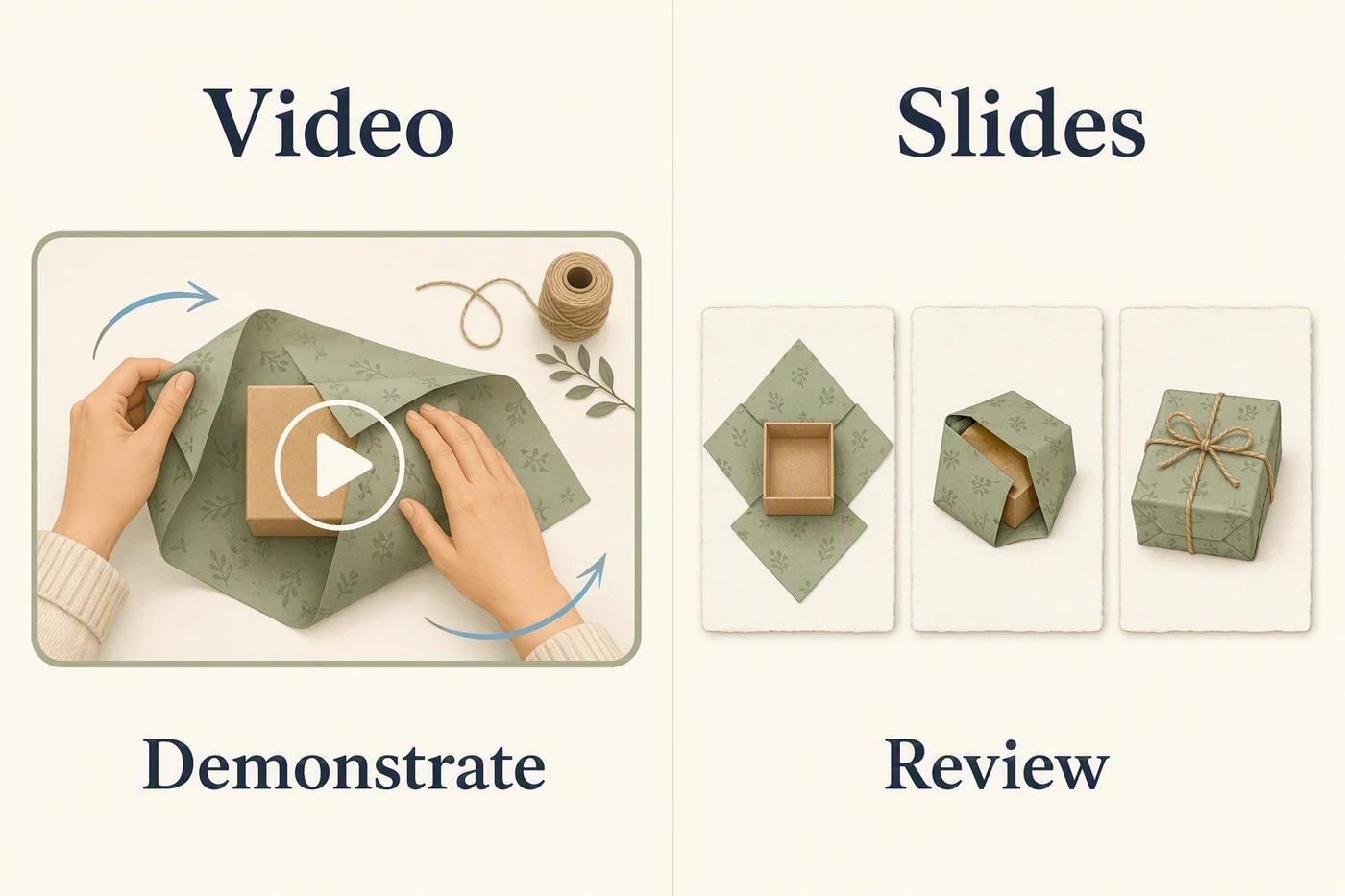 Two complementary content plans show a video demonstration beside a carousel checklist.
