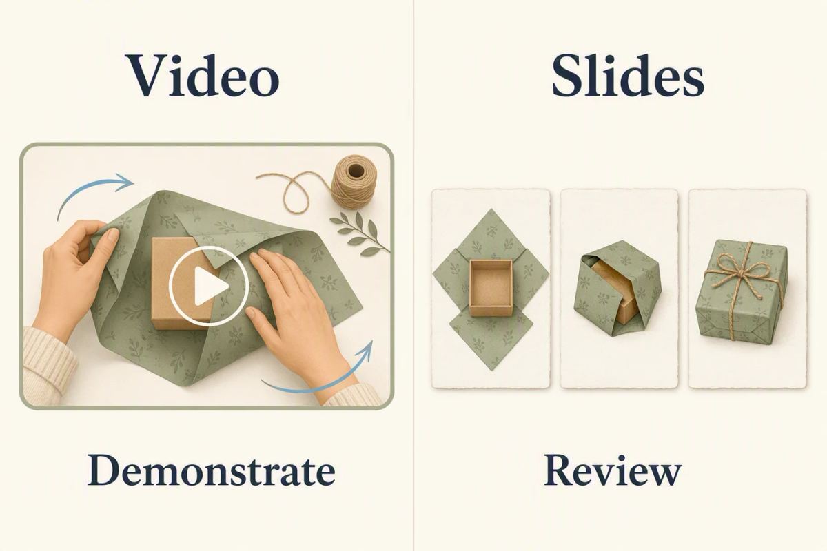 Two complementary content plans show a video demonstration beside a carousel checklist.