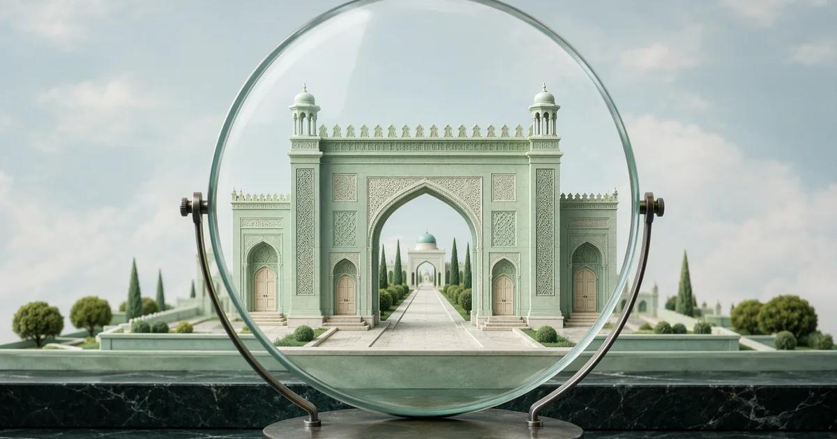 An inspection lens examining a small architectural gateway and its paths