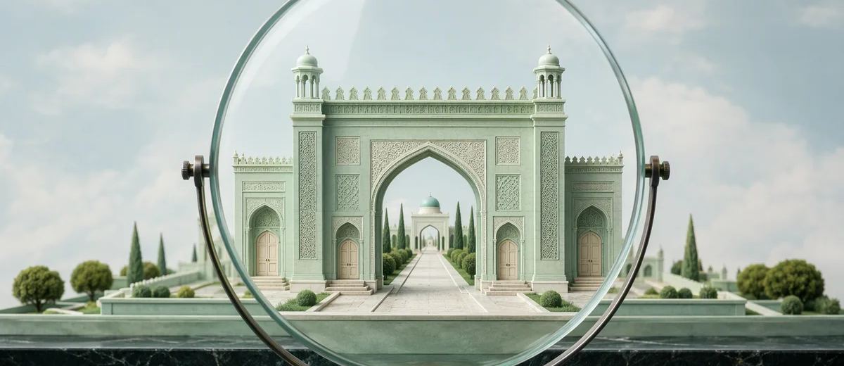 An inspection lens examining a small architectural gateway and its paths