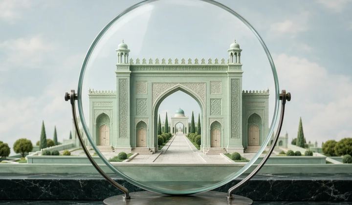 An inspection lens examining a small architectural gateway and its paths