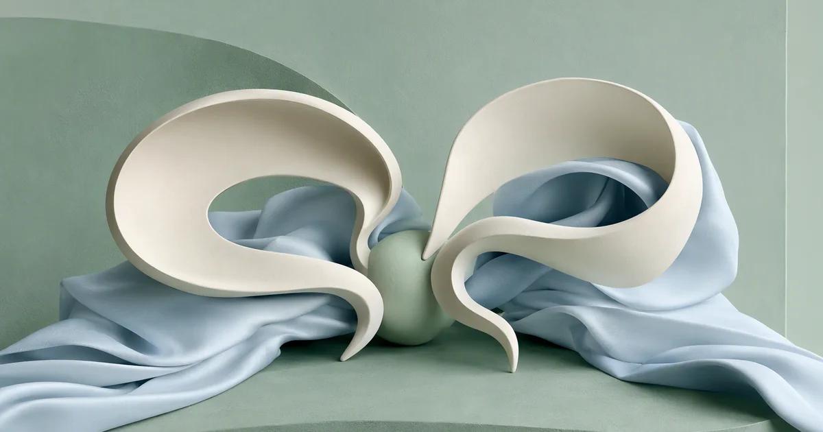 Two ivory speech-ribbon sculptures with different flowing shapes meeting at a shared mint center, accented by pale blue folded fabric