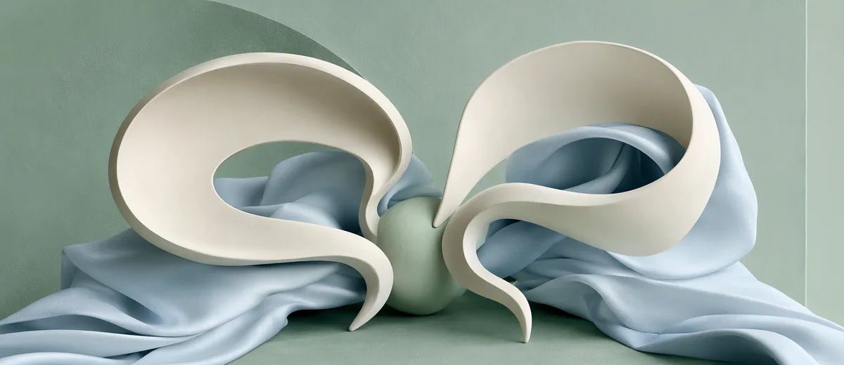 Two ivory speech-ribbon sculptures with different flowing shapes meeting at a shared mint center, accented by pale blue folded fabric