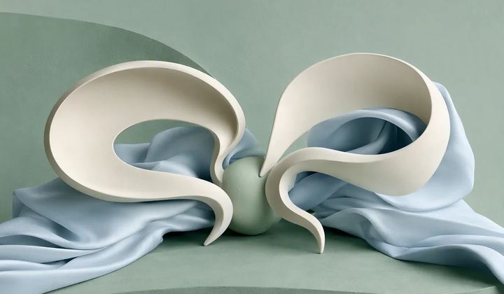Two ivory speech-ribbon sculptures with different flowing shapes meeting at a shared mint center, accented by pale blue folded fabric